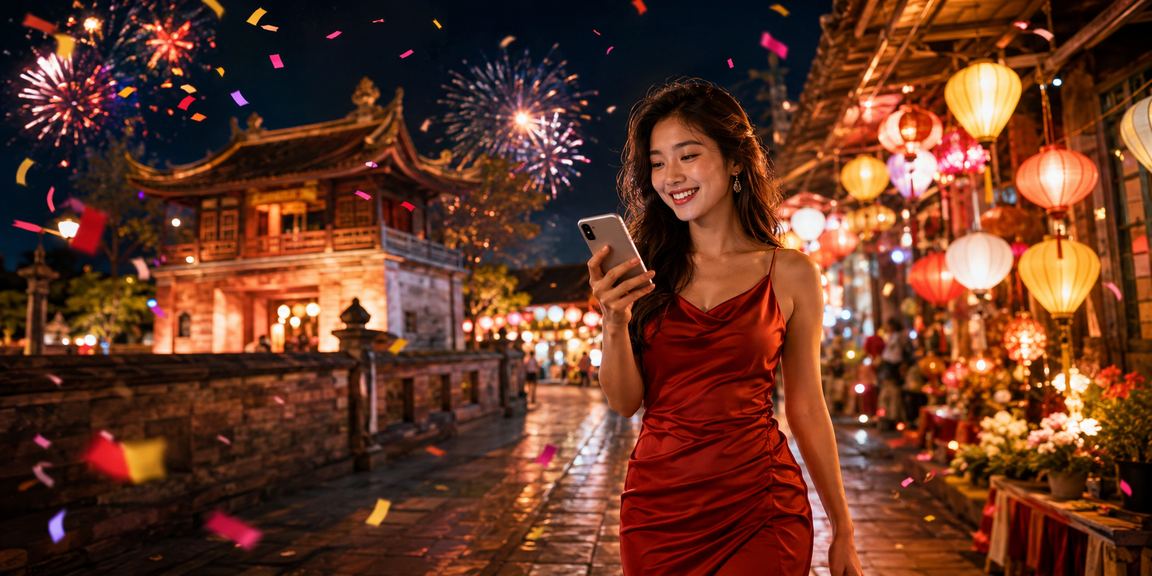Người dùng tại chợ đêm Hà Nội kiểm tra kèo và nhận thưởng đỏ trên điện thoại buổi tối